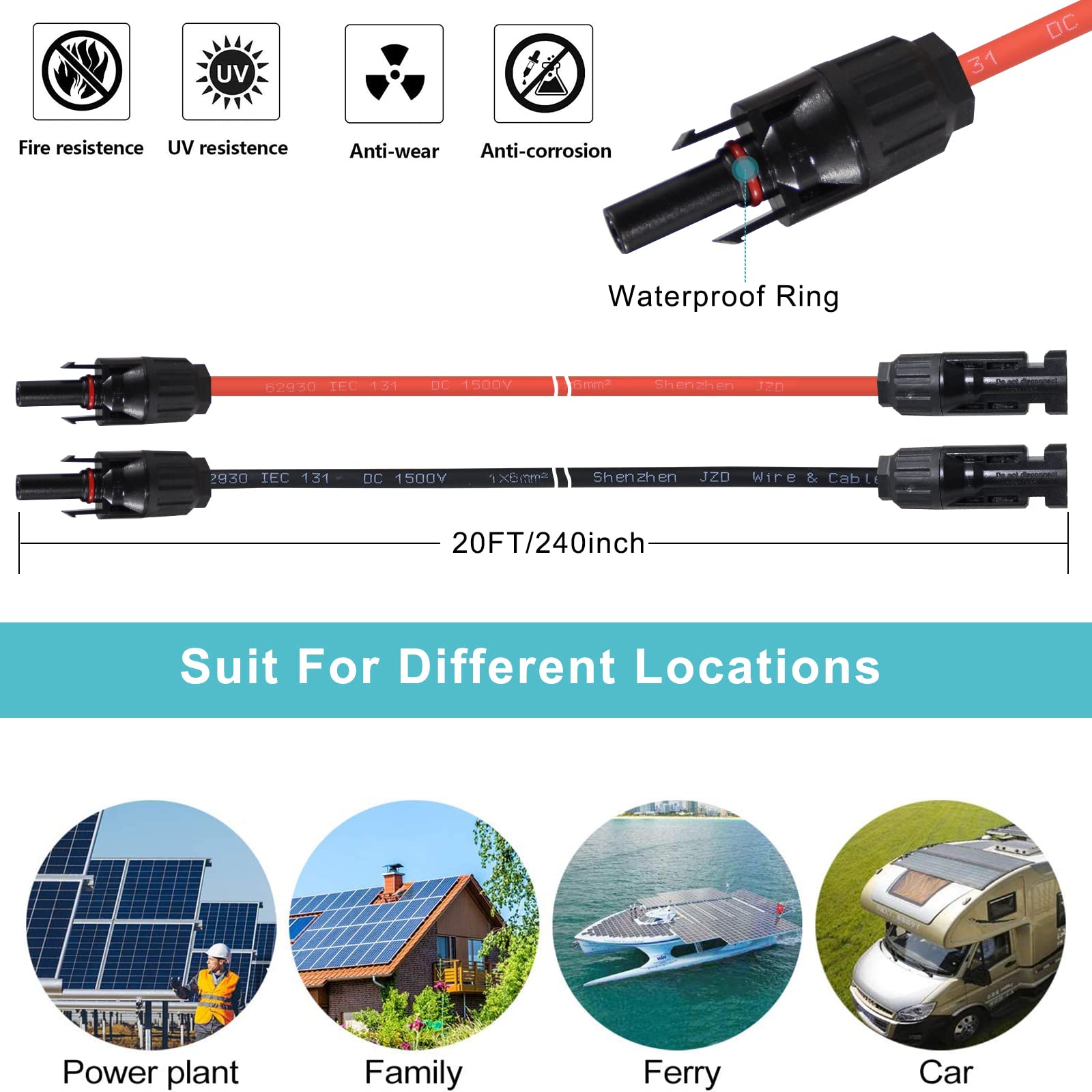 Solar Panel Extension Cable 20FT - 20Feet 10AWG(6mm²) Solar Extension Cable Wire with Female and Male Connector,10Gauge 20FT Black & 20FT Red Solar Panel Wiring for RV Solar Panels, Home, Boat - Image 3