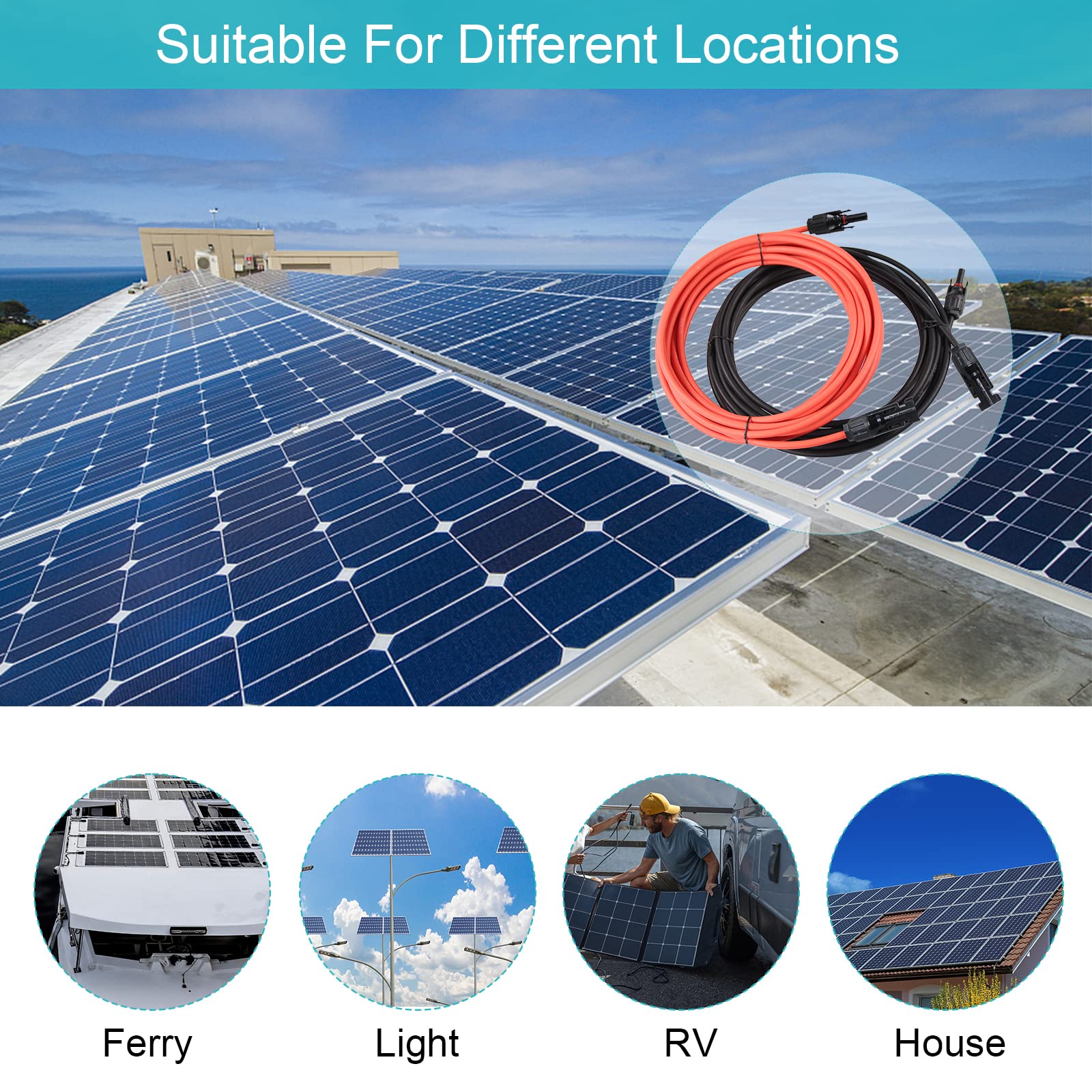 Solar Panel Extension Cable 20FT - 20Feet 10AWG(6mm²) Solar Extension Cable Wire with Female and Male Connector,10Gauge 20FT Black & 20FT Red Solar Panel Wiring for RV Solar Panels, Home, Boat - Image 7