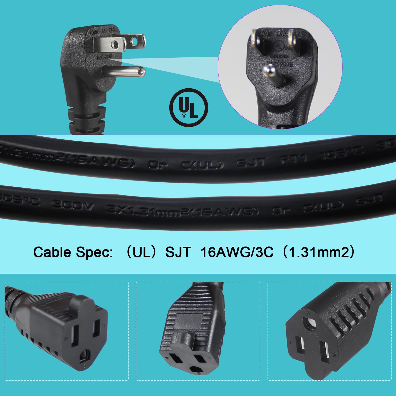 SPARKING 1.5FT Flat Plug Short Extension Cord - Black Right Angle Low Profile Flat Plug Short 3 Prong Grounded Power Extension Cord,16AWG SJT 125V 13A AC Small Appliance Extender Cord [3 Pack] - Image 2