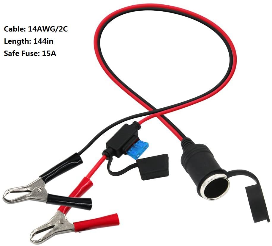 SPARKING 12FT 12V Female Car Socket Extension Cord with Battery Alligator Clips Car Battery Clip-on Extension Cable, 15A Fuse (12FT) - Image 2