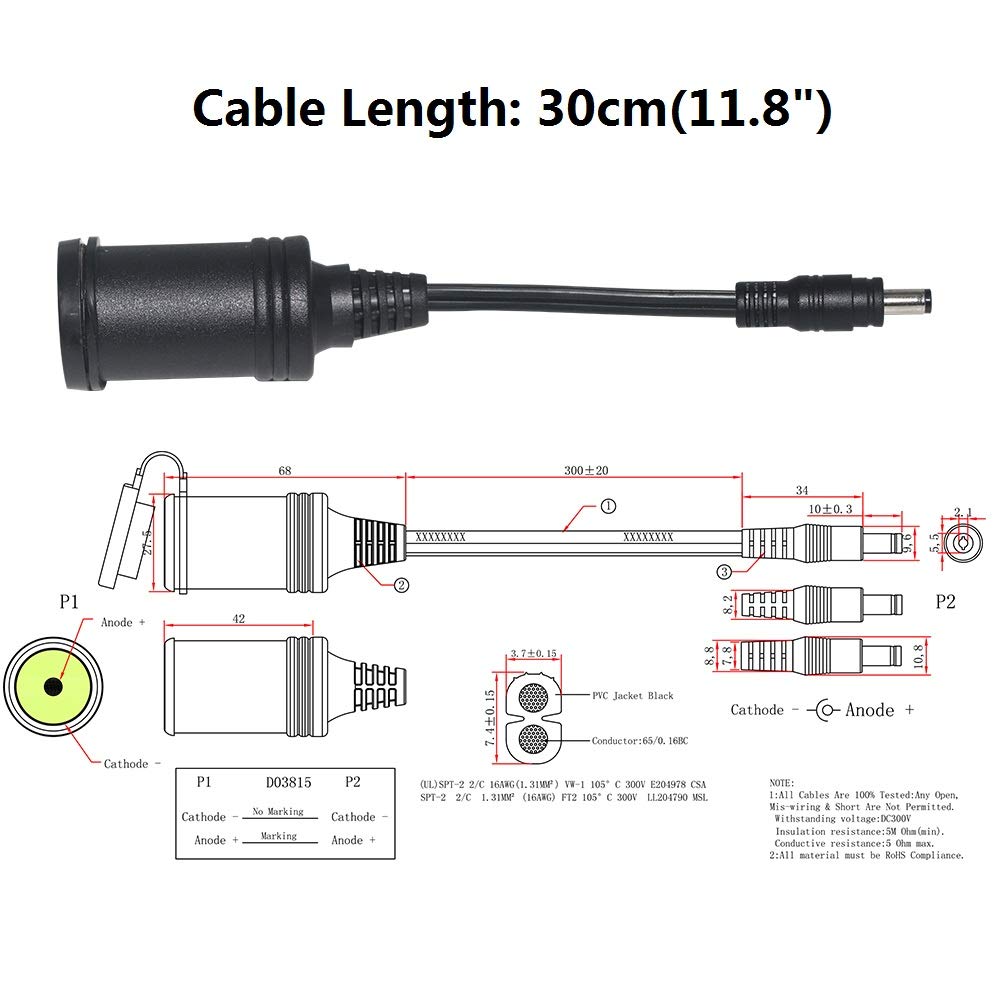 [2 PACK] Cigarette Lighter to DC 5.5mm x 2.1mm Jack Adapter -12v DC Female Socket to 5.5mm x 2.1mm Male Barrel Plug Charger Cable for Portable UPS Battery Backup Emergency Backup Generator - Image 3