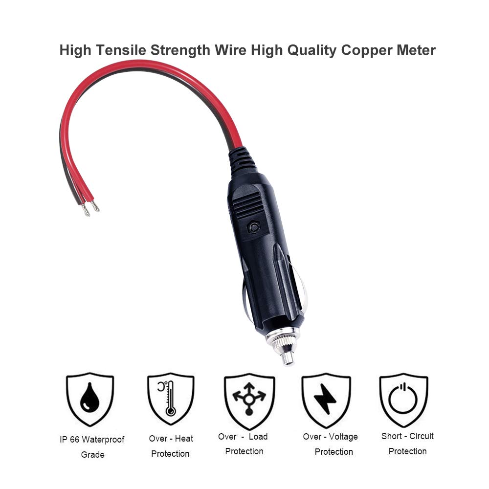 SPARKING 12V Replacement Cigarette Lighter Male Plug with Lead - 24V Car Power Adapter Auto Accessories with Led Lights, 15A Fuse (Male Plug to Tinned Terminal) - Image 3