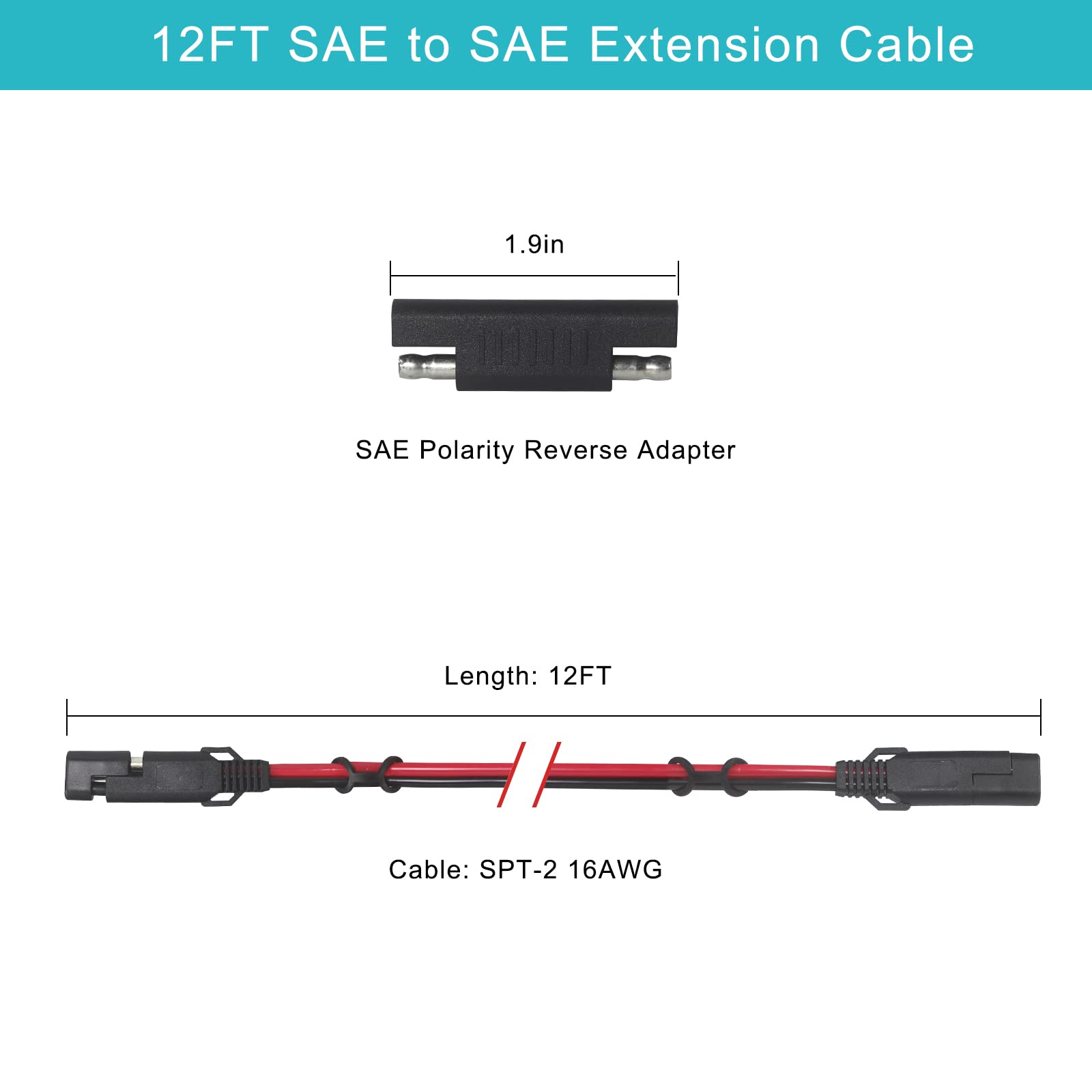 SPARKING 2FT SAE Socket Sidewall Port with 8 Mounting Screws and 12FT SAE to SAE Extension Cable 16AWG with SAE Polarity Reverse Adapter for Solar Panel Trickle Charger - Image 6