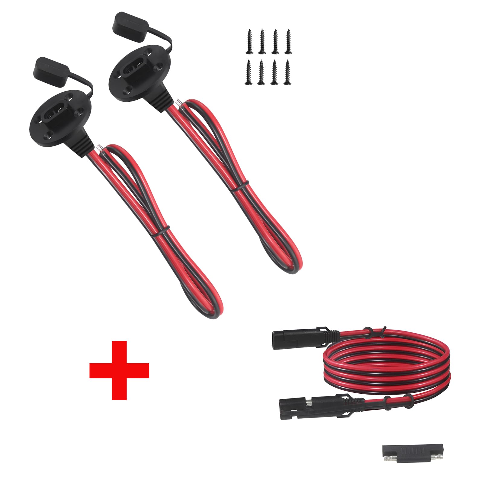 SPARKING 2FT SAE Socket Sidewall Port with 8 Mounting Screws and 3FT SAE to SAE Extension Cable 16AWG with SAE Polarity Reverse Adapter for Solar Panel Trickle Charger