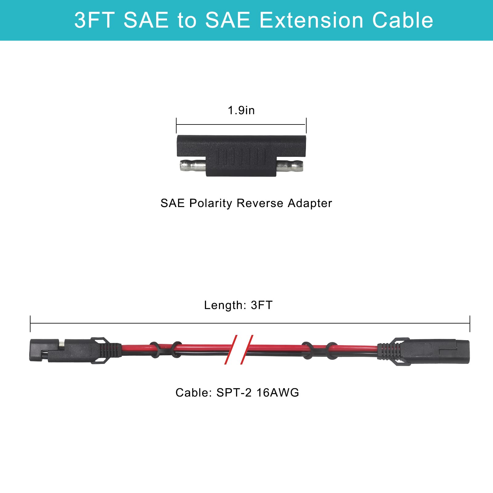 SPARKING 2FT SAE Socket Sidewall Port with 8 Mounting Screws and 3FT SAE to SAE Extension Cable 16AWG with SAE Polarity Reverse Adapter for Solar Panel Trickle Charger - Image 7