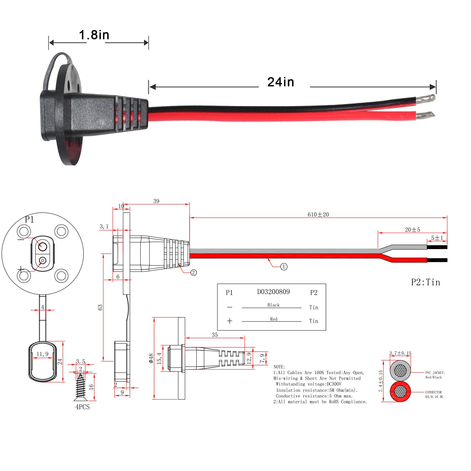 SPARKING 2FT SAE Socket Sidewall Port with 8 Mounting Screws and 3FT SAE to SAE Extension Cable 16AWG with SAE Polarity Reverse Adapter for Solar Panel Trickle Charger - Image 4